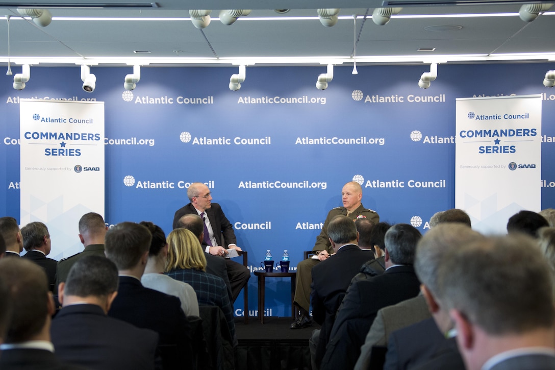 Commandant of the Marine Corps Gen. Robert B. Neller, right, speaks with Dan De Luce, Foreign Policy's chief national security correspondent, at the Atlantic Council, Washington, D.C., Feb. 11, 2016. Neller discussed the current state, future, and priorities of the Marine Corps. (U.S. Marine Corps photo by Staff Sgt. Gabriela Garcia/Released)