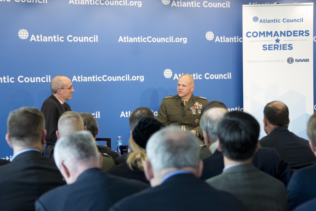Commandant of the Marine Corps Gen. Robert B. Neller, right, speaks with Dan De Luce, Foreign Policy's chief national security correspondent, at the Atlantic Council, Washington, D.C., Feb. 11, 2016. Neller discussed the current state, future, and priorities of the Marine Corps. (U.S. Marine Corps photo by Staff Sgt. Gabriela Garcia/Released)