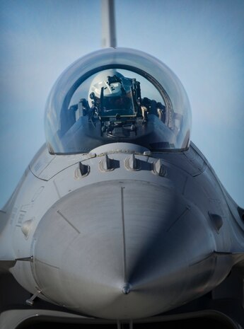 An F-16 Fighting Falcon pilot positions for take-off during Red Flag 16-1 at Nellis Air Force Base, Nev., Jan 25, 2016. This mock battle in the skies over the Nevada Test and Training Range has yielded results that will increase the combat capability of our armed forces for any future combat situation. (U.S. Air Force photo by Kevin Tanenbaum)