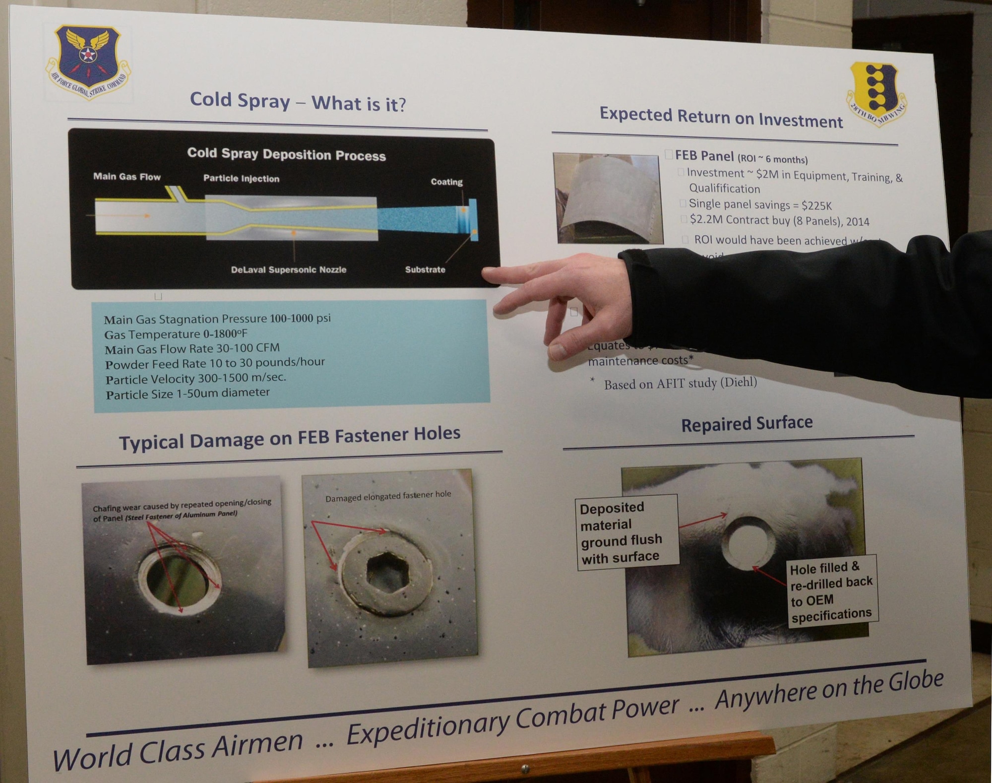 Brian James, 28th Maintenance Group senior engineering and technical advisor, explains the cold spray process at Ellsworth Air Force Base, S.D., Jan. 25, 2016. Cold spray is a technology that accelerates small particles of the substrate [whatever the material is made out of] to achieve a mechanical bond upon impact restoring the part back to the original specs. Ellsworth AFB personnel have been using this technology for more than two-years and the 28th Maintenance Group is expanding the capability by building a cold spray facility, which is slated to be fully operational in May. (U.S. Air Force photo by Airman Donald C. Knechtel/Released)