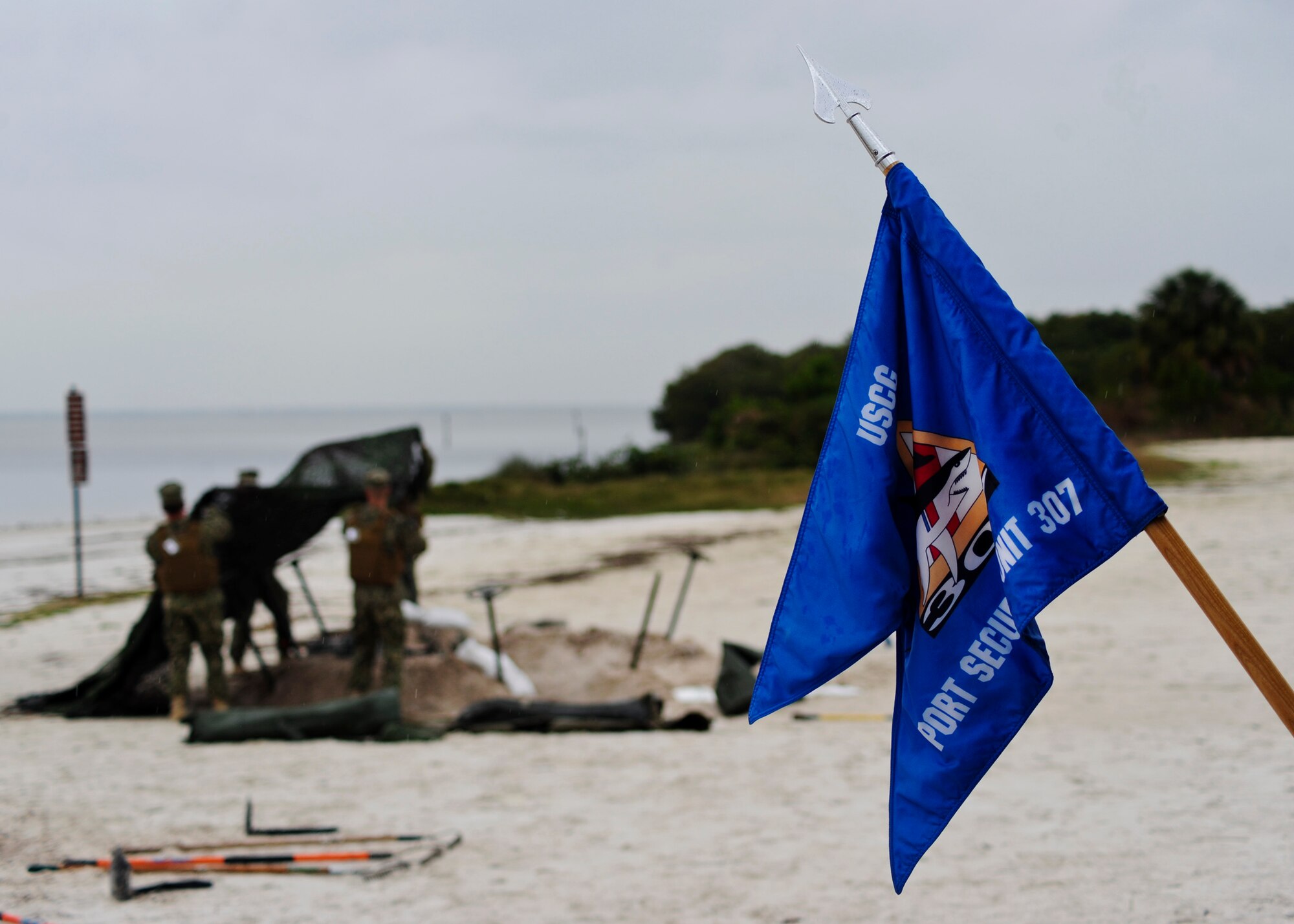Members from U.S. Coast Guard Port Security Unit (PSU) 307 drape camouflage netting over man-made holes during a field training exercise at MacDill Air Force Base, Fla., Feb. 6, 2016. The PSU 307 is one of eight PSUs that provides security and protects personnel and facilities from terrorism, sabotage, espionage, subversion and attack. (U.S. Air Force photo by Senior Airman Danielle Quilla) 