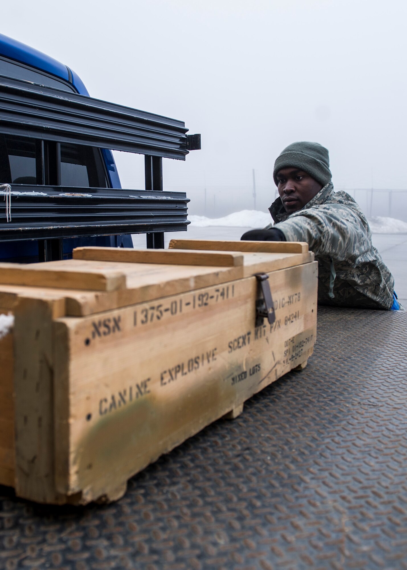 Airman 1st Class Savaun Carter, 92nd Maintenance Squadron, Munitions Storage Crew Chief, transports munitions Feb. 11, 2016,  at Fairchild air Force Base, Wash. As part of his duties Carter maintains the security of the munitions storage area and provides mission support and training to various organizations.  His leadership selected him as one of Fairchild’s Finest, a weekly recognition program that highlights top-performing Airmen. 
(U.S. Air Force photo/Airman 1st Class Sean Campbell)
