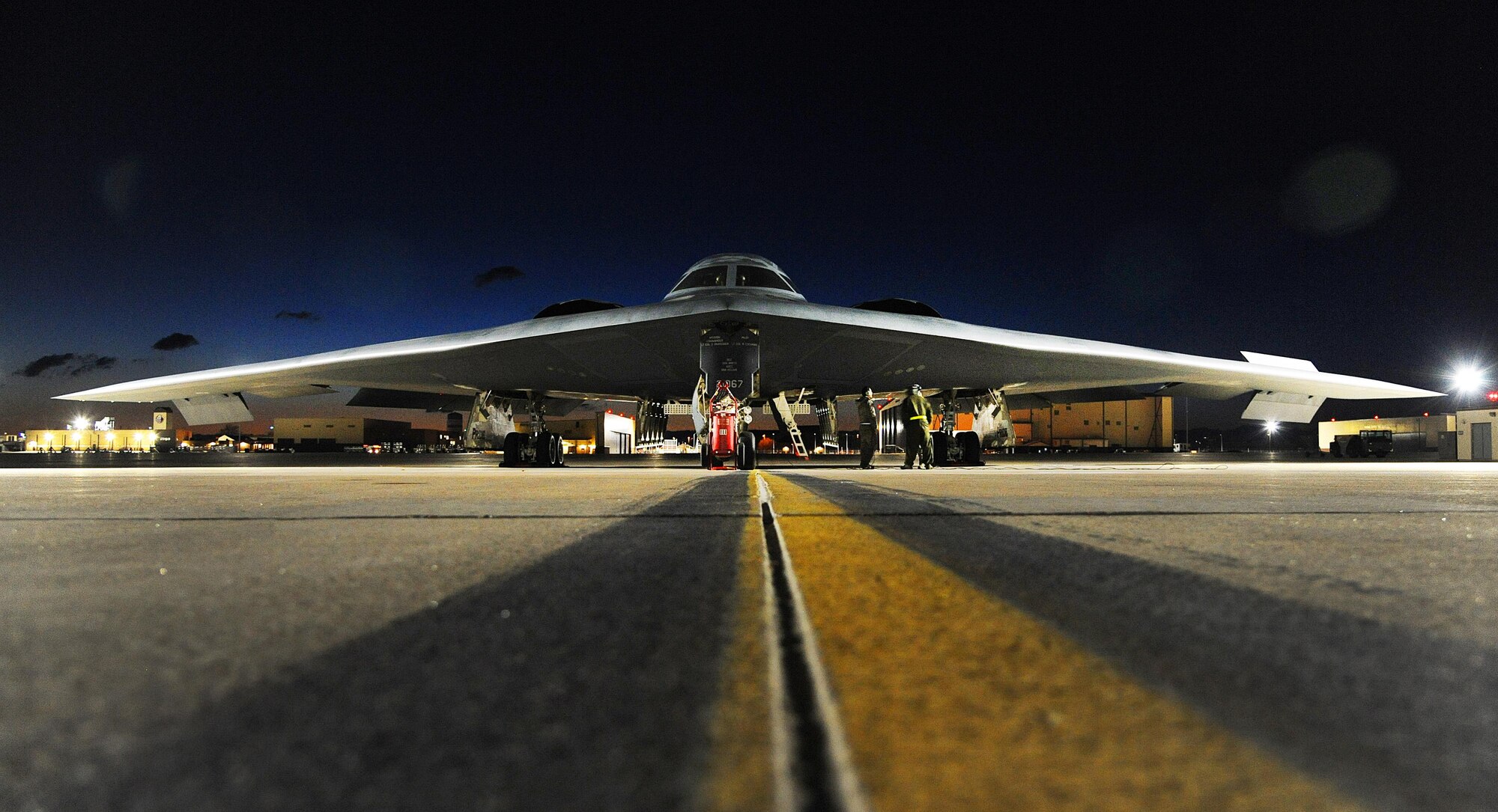 A U.S. Air Force B-2 Spirit aircraft sits on the flightline prior to takeoff at Whiteman Air Force Base, Mo., for Red Flag (RF) 16-1 Feb. 2, 2016. Established in 1975, RF includes command, control, intelligence and electronic warfare exercises to better prepare forces for combat. (U.S. Air Force photo by Airman 1st Class Michaela R. Slanchik)