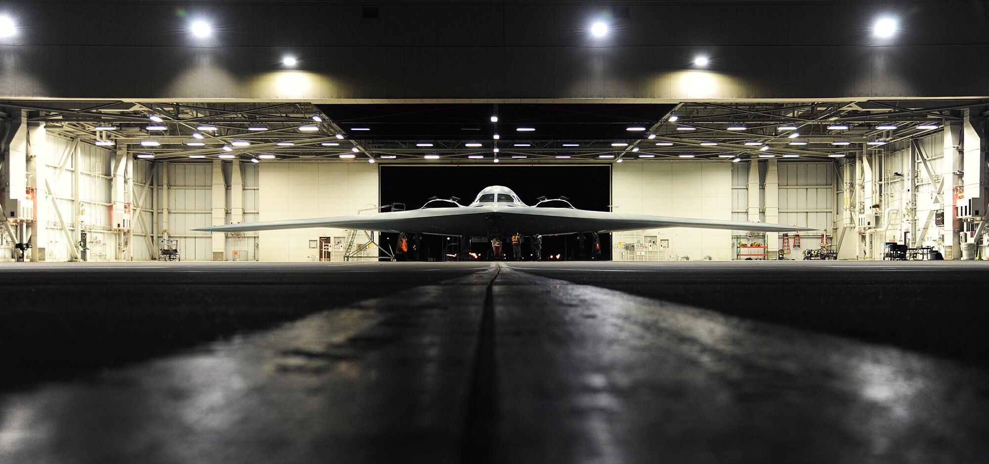 Prior to takeoff for a Red Flag (RF) 16-1 night mission, a U.S. Air Force B-2 Spirit aircraft sits in a dock at Whiteman Air Force Base, Mo., Feb. 2, 2016. RF 16-1 is a three-week long realistic combat training exercise in the skies over the Nevada Test and Training Range that includes a variety of attack, fighter and bomber aircraft. (U.S. Air Force photo by Airman 1st Class Michaela R. Slanchik)