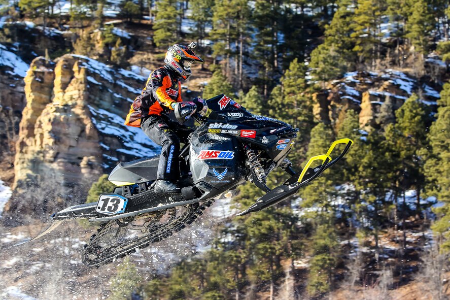 Lincoln Lemieux, a driver for the Scheuring Speed Sports Air Force Snocross Team, competes in the U.S. Air Force National at Deadwood, South Dakota, Jan. 22-23, 2016. Lemieux finished fourth in the championship. The 343rd Recruiting Squadron supported the event. (Courtesy photo/Gary Walton, Action Graphics)
