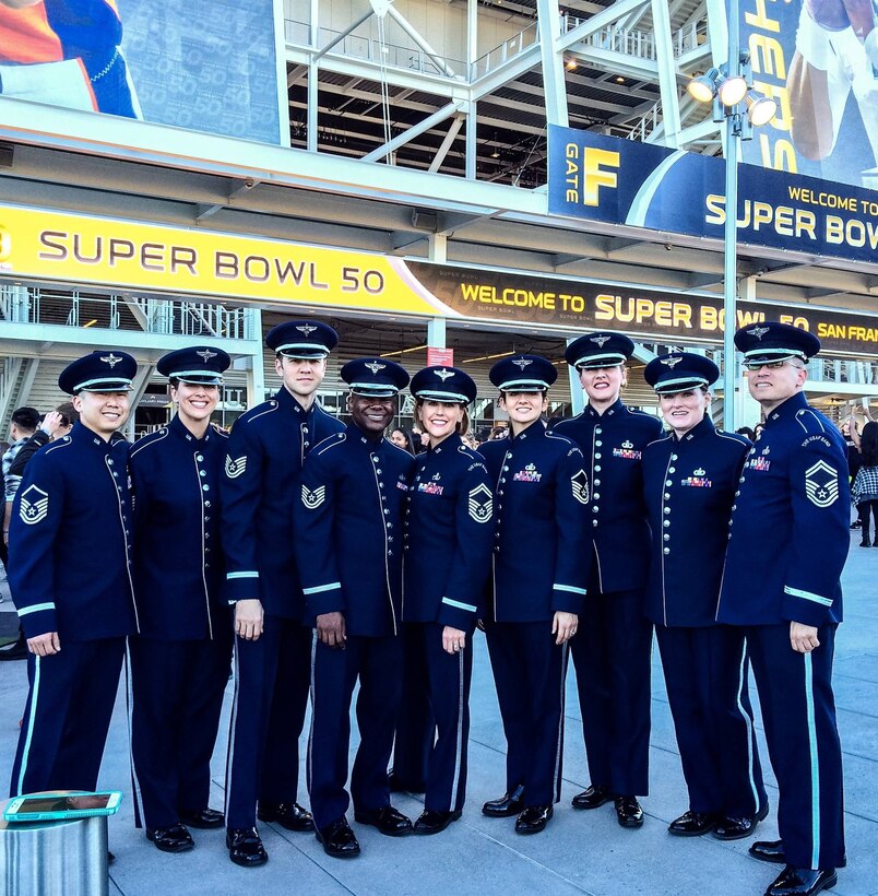 Members of The United States Air Force Band Singing Sergeants pose for a photo outside Levi's Stadium in Santa Clara, Calif. Feb. 7, 2016, following their performance with the Joint Armed Forces Chorus for the opening ceremonies of Super Bowl 50. (Courtesy Photo) - at Levy's Stadium, Santa Clara California.
