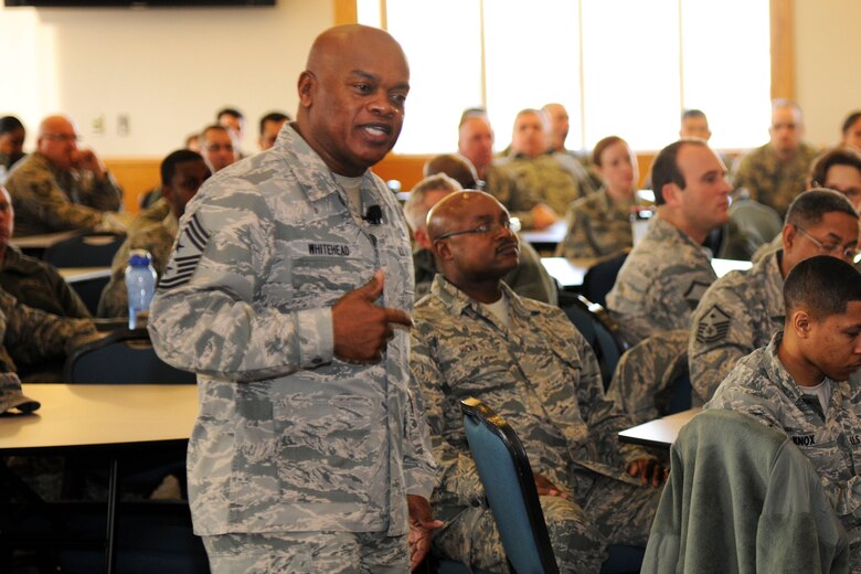 Chief Master Sgt. Tony Whitehead, command chief master sergeant of the 127th Wing, addresses Airmen of the Wing during an enlisted call at Selfridge Air National Guard Base, Feb. 6, 2016. Whitehead was named the wing's command chief the previous November. (U.S. Air National Guard photo by Senior Airman Ryan Zeski).