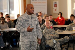 Chief Master Sgt. Tony Whitehead, command chief master sergeant of the 127th Wing, addresses Airmen of the Wing during an enlisted call at Selfridge Air National Guard Base, Feb. 6, 2016. Whitehead was named the wing's command chief the previous November. (U.S. Air National Guard photo by Senior Airman Ryan Zeski).