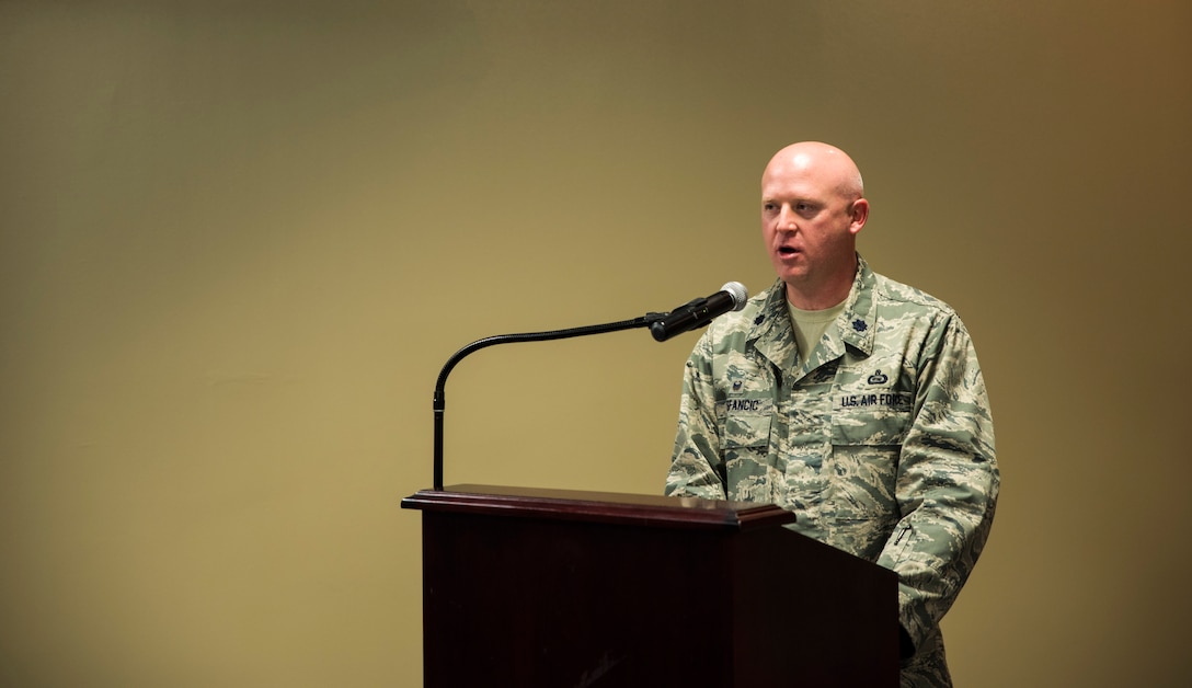 Lt. Col. Sonny Stefancic, deputy commander of the 188th Intelligence, Surveillance and Reconnaissance Group, speaks to the crowd Feb. 11, 2016, during a change of command ceremony at Ebbing Air National Guard Base, Fort Smith, Ark. Stefancic relinquished command of the 123rd Intelligence Squadron to Lt. Col. Robert Novak. (U.S. Air National Guard photo by Senior Airman Cody Martin/Released)