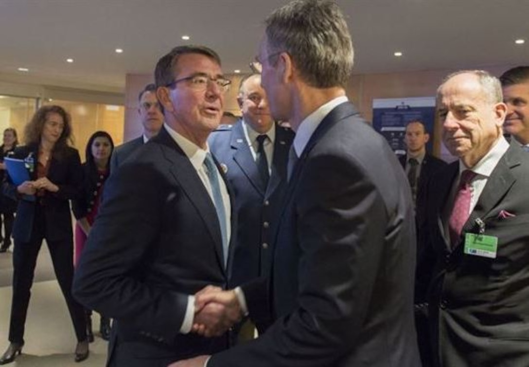 Defense Secretary Ash Carter, left, greets NATO Secretary General Jens Stoltenberg as they meet at NATO headquarters in Brussels, Feb. 10, 2016, to discuss matters of mutual importance. (DoD photo by Air Force Senior Master Sgt. Adrian Cadiz)