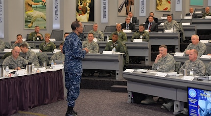 U.S. Navy Adm. Cecil D. Haney (standing), U.S. Strategic Command (USSTRATCOM) commander, provides the opening remarks during USSTRATCOMâ€™s Bomber and Tanker Stakeholders Conferences at Scott Air Force Base, Ill., Feb. 11, 2016. Haney chaired the two-day event, during which he, U.S. Air Force Gen. Robin Rand (not pictured), Air Force Global Strike Command (AFGSC) commander; U.S. Air Force Gen. Carlton D. Everhart (seated left), Air Mobility Command commander; and other general officers held discussions with AFGSC wing commanders and deputy commanders as part of their continuing collaborative effort to together develop the next generation of leaders. These recurring forums are designed to assess the health and direction of the nation's strategic forces, including ICBM, ballistic missile submarine, bomber and supporting tanker forces, as well as sensors and communication networks. One of nine DoD unified combatant commands, USSTRATCOM has global strategic missions, assigned through the Unified Command Plan, which include strategic deterrence; space operations; cyberspace operations; joint electronic warfare; global strike; missile defense; intelligence, surveillance and reconnaissance; combating weapons of mass destruction; and analysis and targeting. (U.S. Air Force photo by Master Sgt. Thomas J. Doscher)
