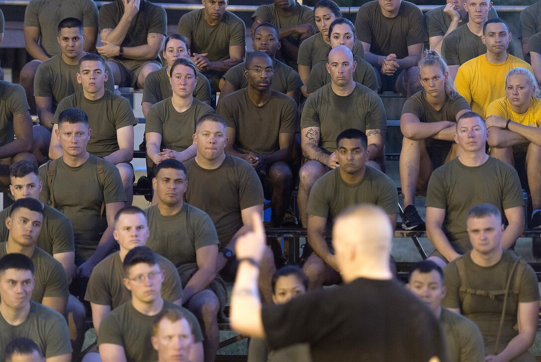 Army Command Sgt. Maj. John W. Troxell, foreground, senior enlisted advisor to the chairman of the Joint Chiefs of Staff, speaks with sailors and Marines after participating in a morning physical training session at Camp H.M. Smith, Hawaii, Feb. 10, 2016. DoD photo by Navy Petty Officer 2nd Class Dominique A. Pineiro
