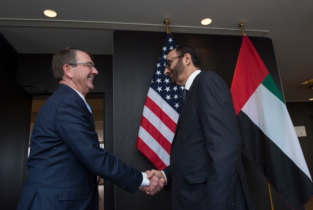 Defense Secretary Ash Carter greets United Arab Emirates Minister of State for Defense Affairs Mohammed Al Bowardi  as he arrives in Brussels to discuss matters of mutual importance, Feb. 12, 2016. Secretary Carter was in Brussels to attend a NATO defense ministers meeting and to meet with defense ministers of countries who are major contributors to the coalition fighting the Islamic State of Iraq and the Levant. DoD photo by Air Force Senior Master Sgt. Adrian Cadiz