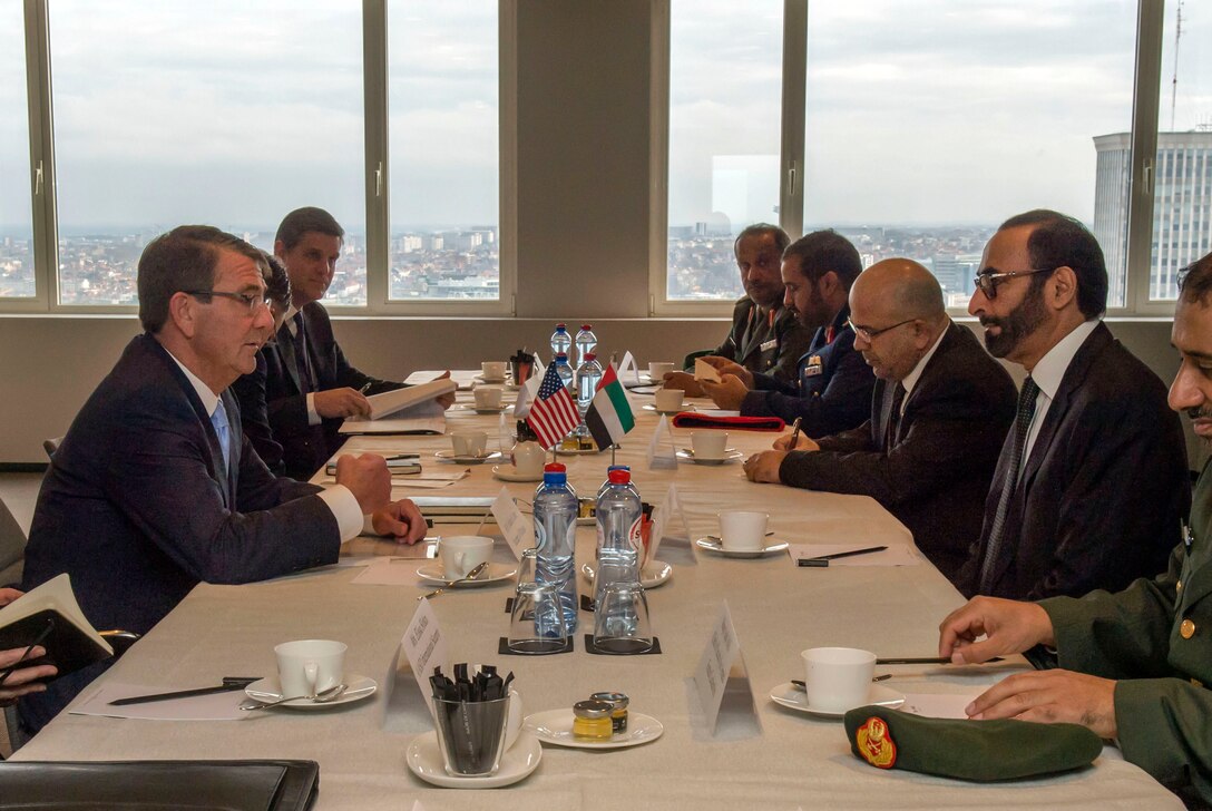 Defense Secretary Ash Carter, left foreground, meets with United Arab Emirates Minister of State for Defense Affairs Mohammed Al Bowardi in Brussels to discuss matters of mutual importance, Feb. 12, 2016. DoD photo by Air Force Senior Master Sgt. Adrian Cadiz