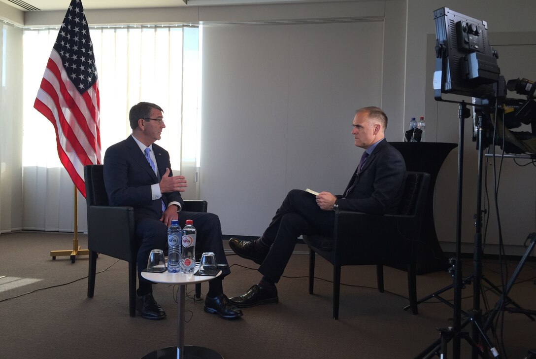 Defense Secretary Ash Carter speaks with Jonathan Beale of the British Broadcasting Corporation during an interview in Brussels, Feb. 12, 2016. Secretary Carter was in Brussels to attend a NATO defense ministers meeting and to meet with defense ministers of countries who are major contributors to the coalition fighting the Islamic State of Iraq and the Levant. DoD photo by Air Force Senior Master Sgt. Adrian Cadiz