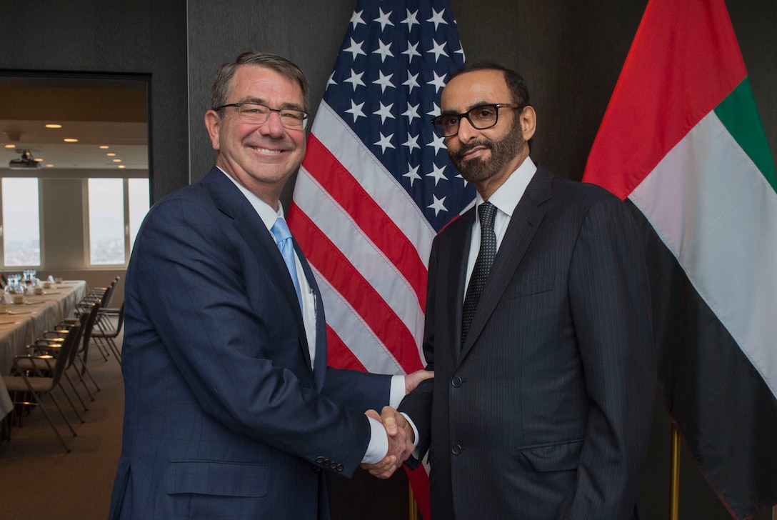 Defense Secretary Ash Carter greets United Arab Emirates Minister of State for Defense Affairs Mohammed Al Bowardi  as he arrives in Brussels to discuss matters of mutual importance, Feb. 12, 2016. DoD photo by U.S. Air Force Senior Master Sgt. Adrian Cadiz