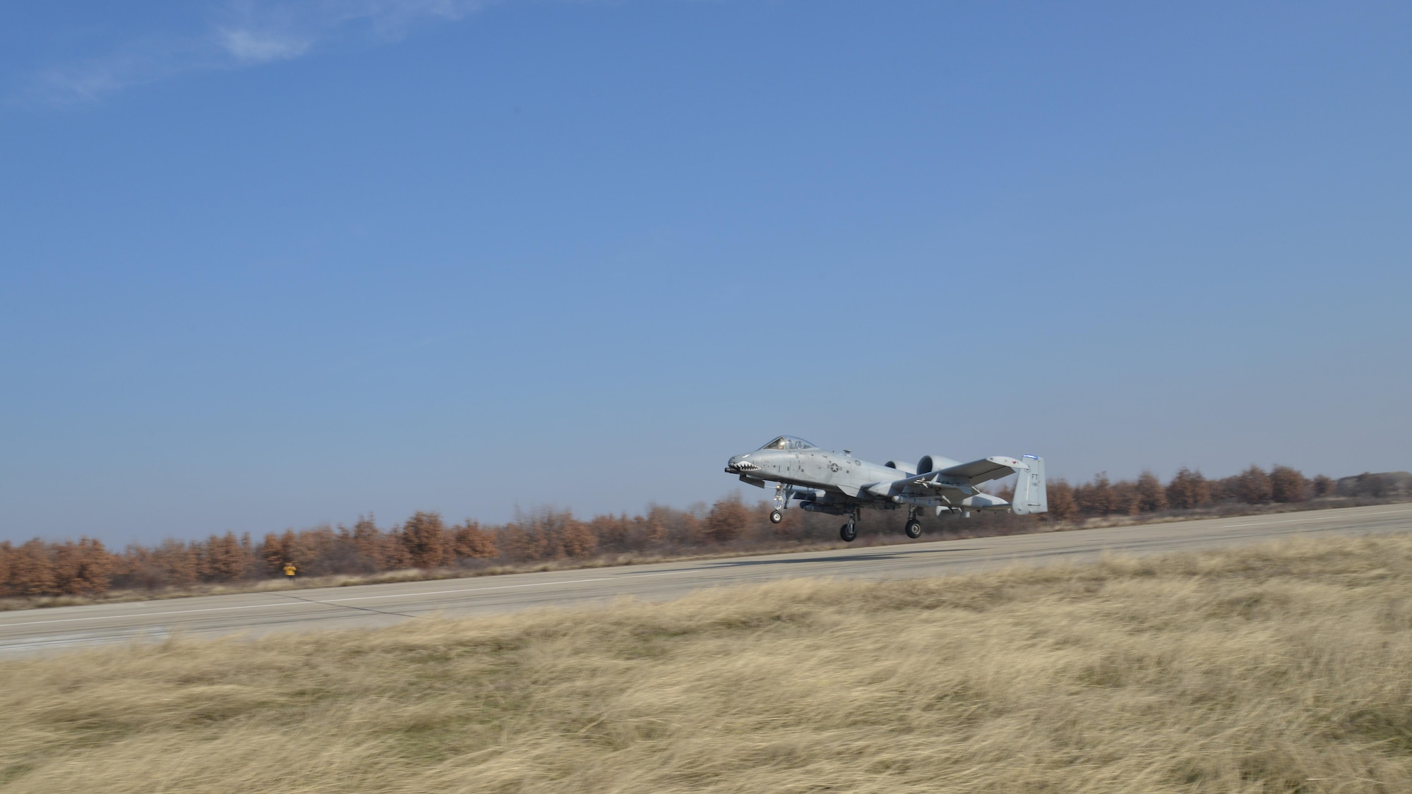 A 74th Expeditionary Fighter Squadron A-10C Thunderbolt II aircraft sets down at an austere landing site at Plovdiv, Bulgaria, Feb. 9, 2016. The aircraft deployed to Bulgaria in support of Operation Atlantic Resolve to bolster air power capabilities while assuring the U.S. commitment to European security and stability. (U.S. Air Force photo by 1st Lt Chris Sullivan/Released)