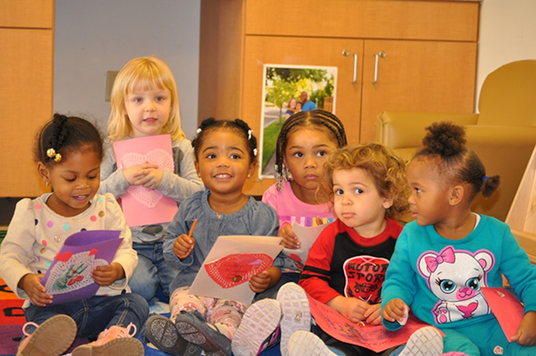 Children from the Betty Ackerman-Cobb Child Development Center on Defense Supply Center Richmond, Virginia, display valentines they made for veterans Feb. 09, 2016 in support of national “Salute to Veteran Patients” week. 