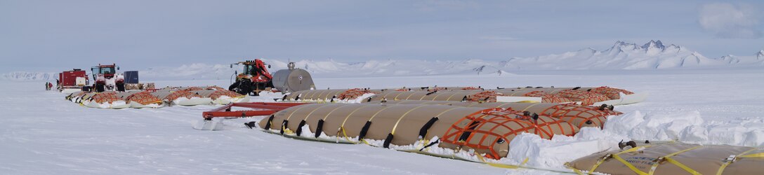 Here, ERDC-CRREL designed bladder-sled trains are en route to resupply South Pole Station, Antarctica, in 2008.