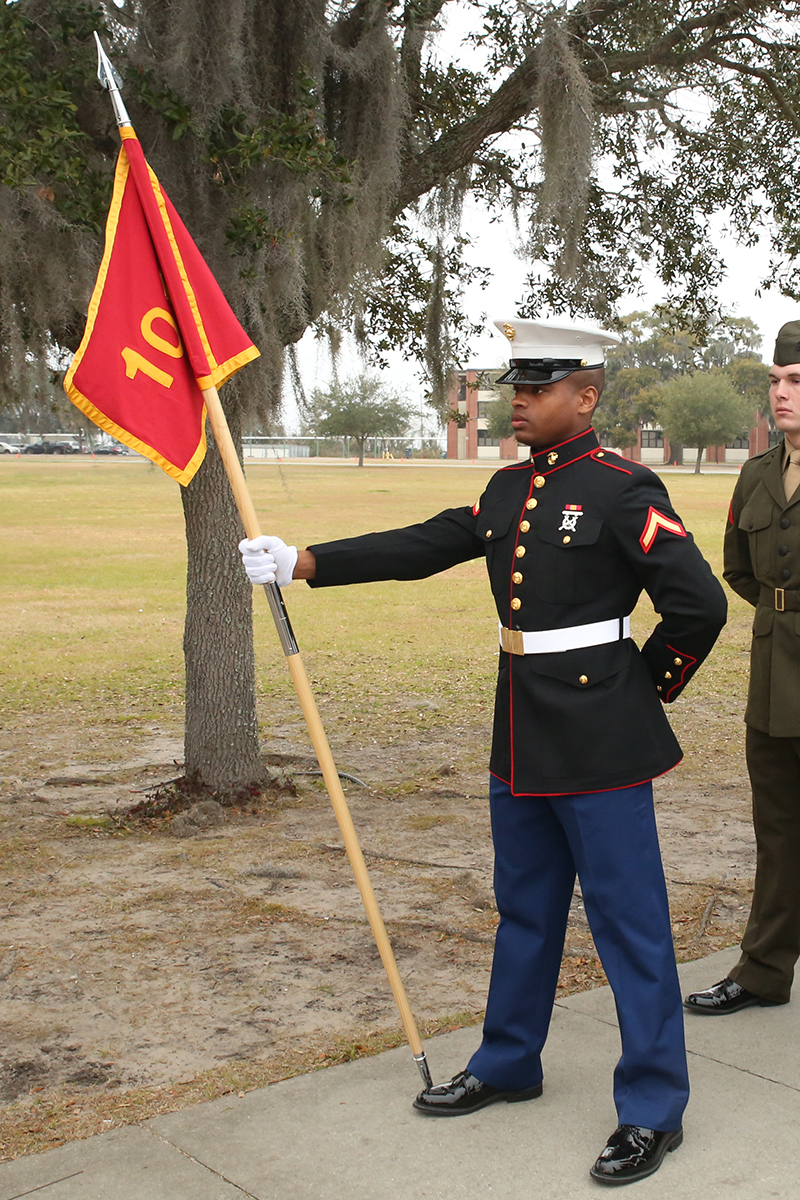 Pfc. Joshua S. Godwin, honor graduate of platoon, 1008, stands at parade rest before the graduation ceremony, Feb. 12, 2016, at Marine Corps Depot Parris Island, S.C. Godwin, a native of Gray, Ga., was recruited by Staff Sgt. Scott D. Schamber at Recruiting Substation Macon. To be recommended as an honor graduate, a recruit must not only display honor, courage, and commitment during their three months of training but excel in physical training, knowledge, and have a team player disposition. (Official Marine Corps photo by Cpl. Diamond N. Peden/Released)