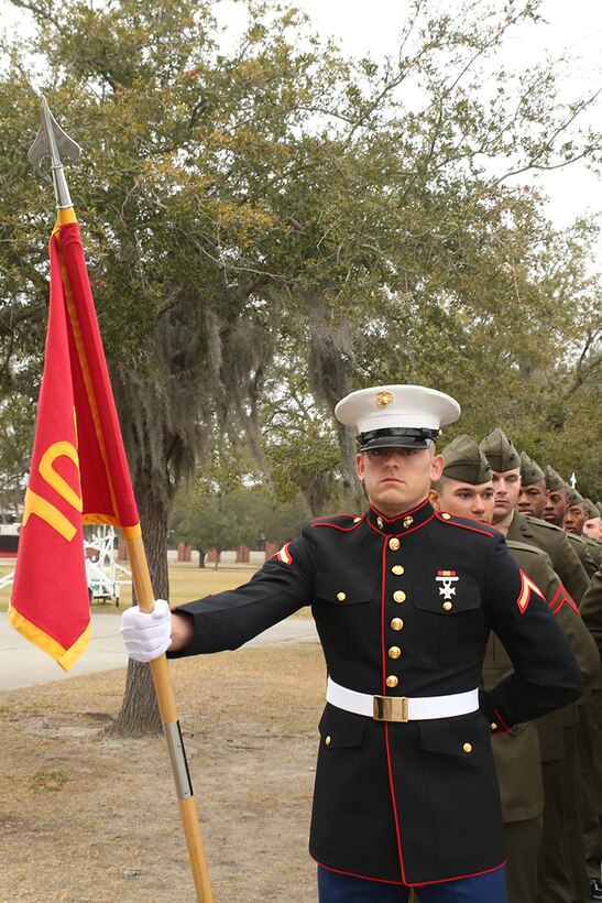 Pfc. James E. Burris Jr., honor graduate of platoon, 1012, stands at parade rest before the graduation ceremony, Feb. 12, 2016, at Marine Corps Depot Parris Island, S.C. Burris, a native of Hammond, La., was recruited by Sgt. Richard A. Chambers at Recruiting Substation Hammond. To be recommended as an honor graduate, a recruit must not only display honor, courage, and commitment during their three months of training but excel in physical training, knowledge, and have a team player disposition. (Official Marine Corps photo by Cpl. Diamond N. Peden/Released)