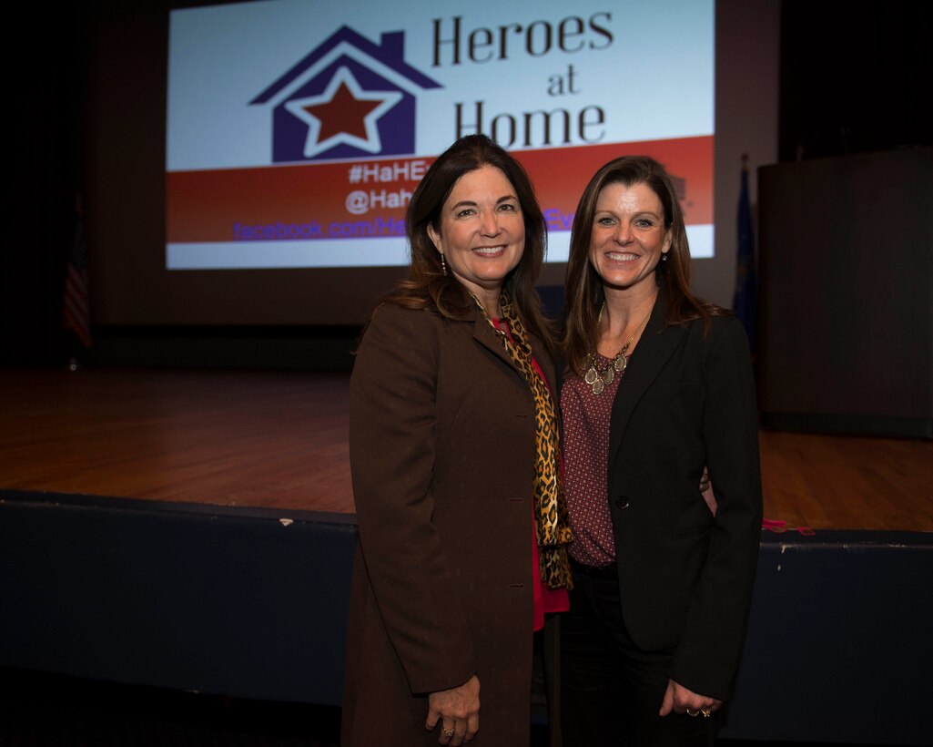 Ellie Kay and Dee Dee Doherty, wife of Brig. Gen. Patrick Doherty, 82nd Training Wing commander, pause for a photo at Sheppard Air Force Base, Texas, Feb. 11, 2016. Kay talked to Airmen about financial responsibility and money management along with Rod Griffin, director of public education for Experian, Ingrid Bruns, director of military life advice and Bethany Grace, director of communications for Heroes at Home, shared their experiences and professional advice for being financially fit. (U.S. Air Force photo/Senior Airman Kyle Gese)
