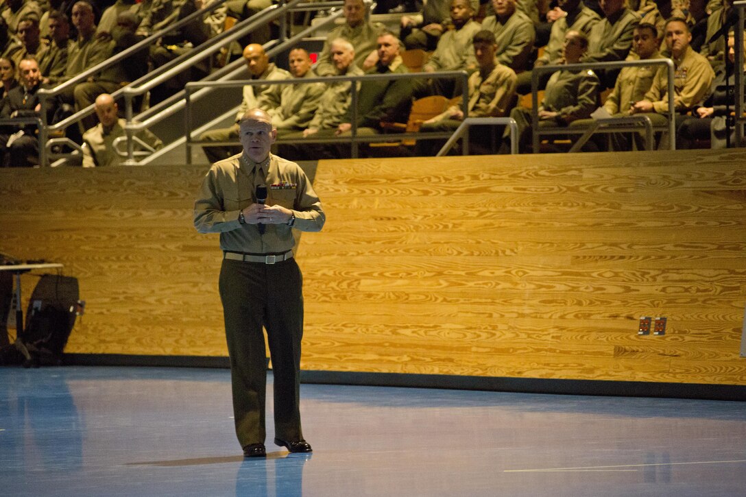 Commandant of the Marine Corps Gen. Robert B. Neller speaks at Conmy Hall, Joint Base Myer–Henderson Hall, Arlington, Va., Feb. 12, 2016. Neller spoke with Marines and Sailors of the National Capitol Region to discuss his planning guidance, expectations, and future of the Marine Corps. (U.S. Marine Corps photo by Staff Sgt. Gabriela Garcia/Released)