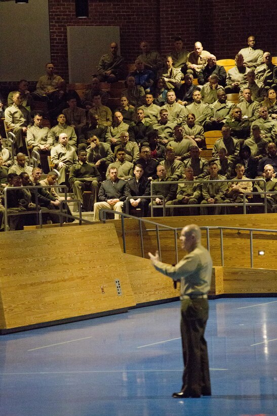 U.S. Marines and Sailors listen to the Commandant of the Marine Corps Gen. Robert B. Neller speak at Conmy Hall, Joint Base Myer–Henderson Hall, Arlington, Va., Feb. 12, 2016. Neller spoke with the Marines and Sailors of the National Capitol Region to discuss his planning guidance, expectations, and future of the Marine Corps. (U.S. Marine Corps photo by Staff Sgt. Gabriela Garcia/Released)
