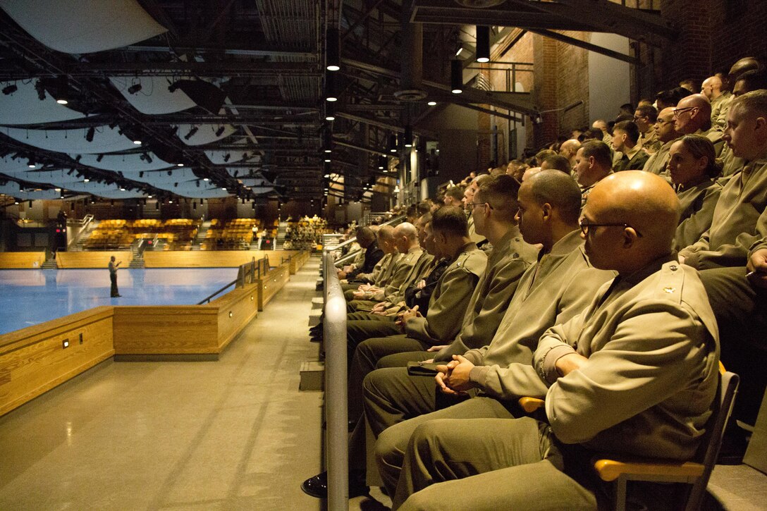 U.S. Marines and Sailors listen to the Commandant of the Marine Corps Gen. Robert B. Neller speak at Conmy Hall, Joint Base Myer–Henderson Hall, Arlington, Va., Feb. 12, 2016. Neller spoke with the Marines and Sailors of the National Capitol Region to discuss his planning guidance, expectations, and future of the Marine Corps. (U.S. Marine Corps photo by Staff Sgt. Gabriela Garcia/Released)