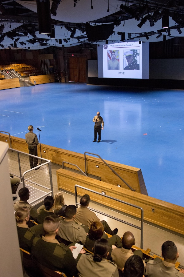 Commandant of the Marine Corps Gen. Robert B. Neller answers a Marine's question at Conmy Hall, Joint Base Myer–Henderson Hall, Arlington, Va., Feb. 12, 2016. Neller spoke with Marines and Sailors of the National Capitol Region to discuss his planning guidance, expectations, and future of the Marine Corps. (U.S. Marine Corps photo by Staff Sgt. Gabriela Garcia/Released)