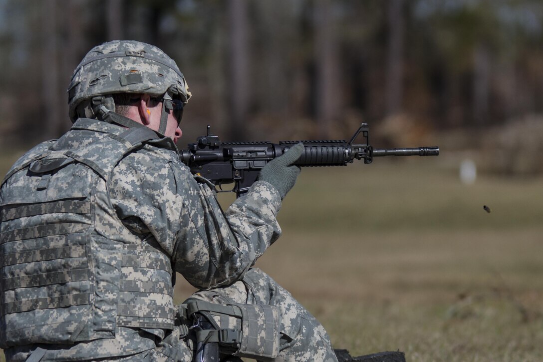 A U.S. Army Reserve Soldier fires his M4 rifle Feb. 10 during weapons qualification at this year's 200th Military Police Command Best Warrior Competition at Camp Blanding, Fla. The winning noncommissioned officer and junior enlisted competitors will move on to the U.S. Army Reserve Command Best Warrior Competition in May. (U.S. Army photo by Sgt. 1st Class Jacob Boyer/Released)