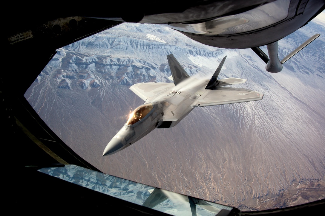 An F-22 Raptor disconnects from the boom of a KC-135 Stratotanker after refueling during exercise Red Flag 16-1 over Nellis Air Force Base, Nev., Feb. 4, 2016. The exercise incorporates day and night missions that give aircrews an opportunity to train in advanced, realistic combat situations. Air Force photo by Master Sgt. Burt Traynor