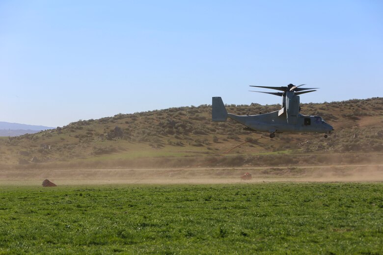 Marines with Marine Medium Tiltrotor Squadron (VMM) 165 land an MV-22B Osprey aboard Hemet-Ryan Air Attack Base, Calif., Feb. 11. The Marines with VMM-165 flew out to Diamond Valley Lake on Hemet-Ryan Air Attack Base to perform bucket dips in an effort to prove the aircraft was capable of such training while supporting the California Department of Forestry and Fire Protection.