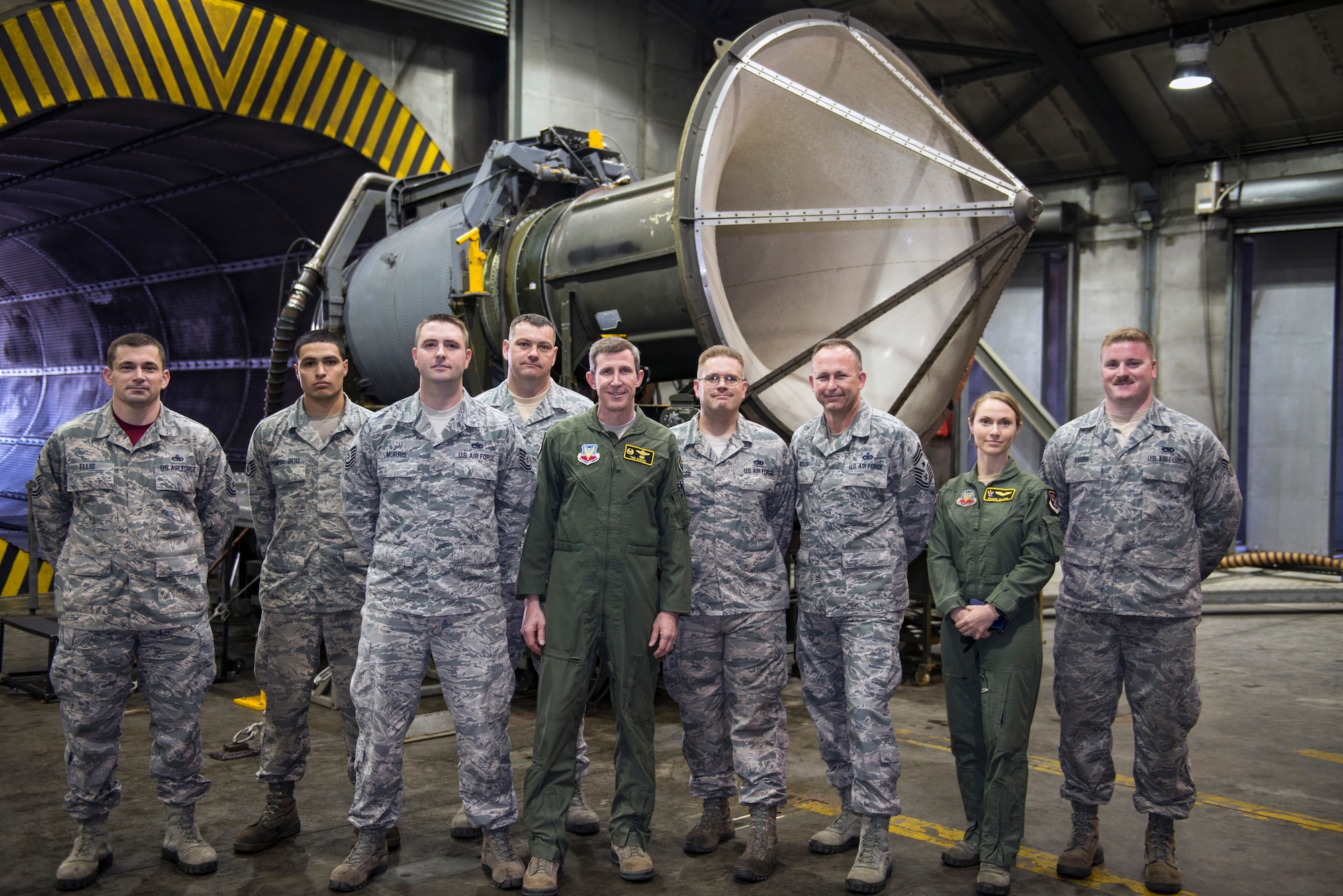 Wing leadership poses with members of the 23d Component Maintenance Squadron’s propulsion flight after a TF-34 engine run, Feb. 12, 2016, at Moody Air Force Base, Ga. Wing leadership contributed as engine operators, recorders and ground crew to perform each duty during standard engine runs. (U.S. Air Force photo by Airman 1st Class Greg Nash/Released)   