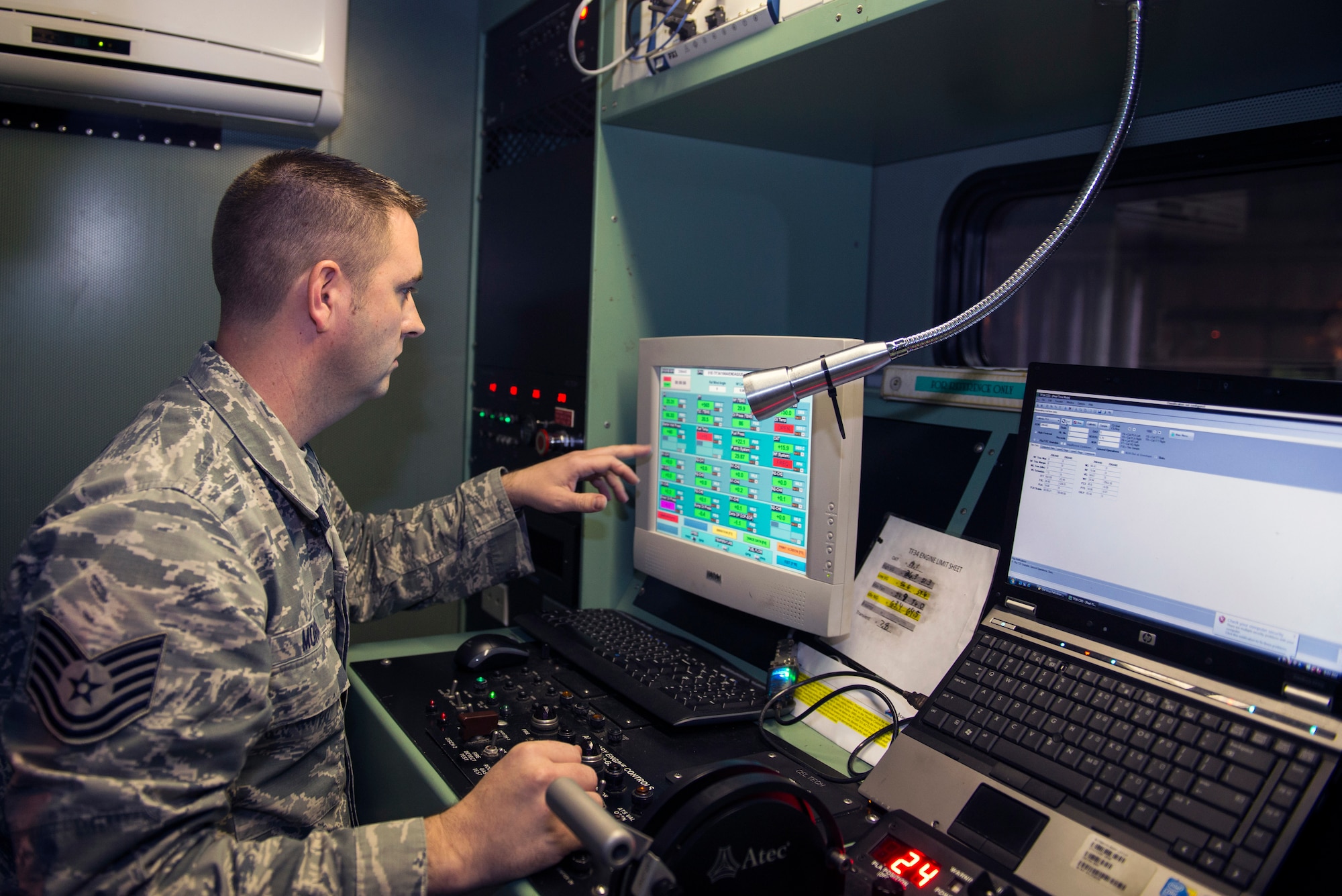 U.S. Air Force Tech. Sgt. Dallas Morris, 23d Component Maintenance Squadron aerospace propulsion craftsman, views data in the cab control prior to performing an TF-34 engine run, Feb. 12, 2016, at Moody Air Force Base, Ga. The 23d Component Maintenance Squadron’s propulsion flight conducts engine runs to simulate engine aircraft limits in air while checking for safety and its serviceability. (U.S. Air Force photo by Airman 1st Class Greg Nash/Released)