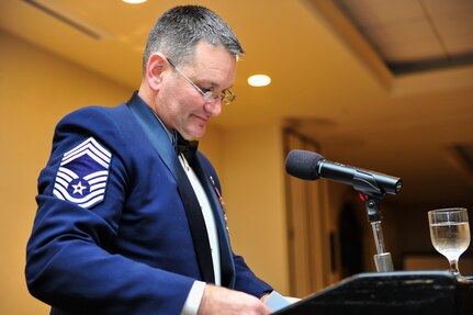 Chief Master Sgt. Jeffrey Wilson, 437th Operations Group superintendent, gives a speech as the guest speaker at an Airman Leadership School graduation ceremony Feb. 11, 2016, at the Charleston Club on Joint Base Charleston – Air Base, S.C. Wilson congratulated the students and spoke on the upcoming challenges they face as first line supervisors. (U.S. Air Force photo/Airman 1st Class Thomas T. Charlton)