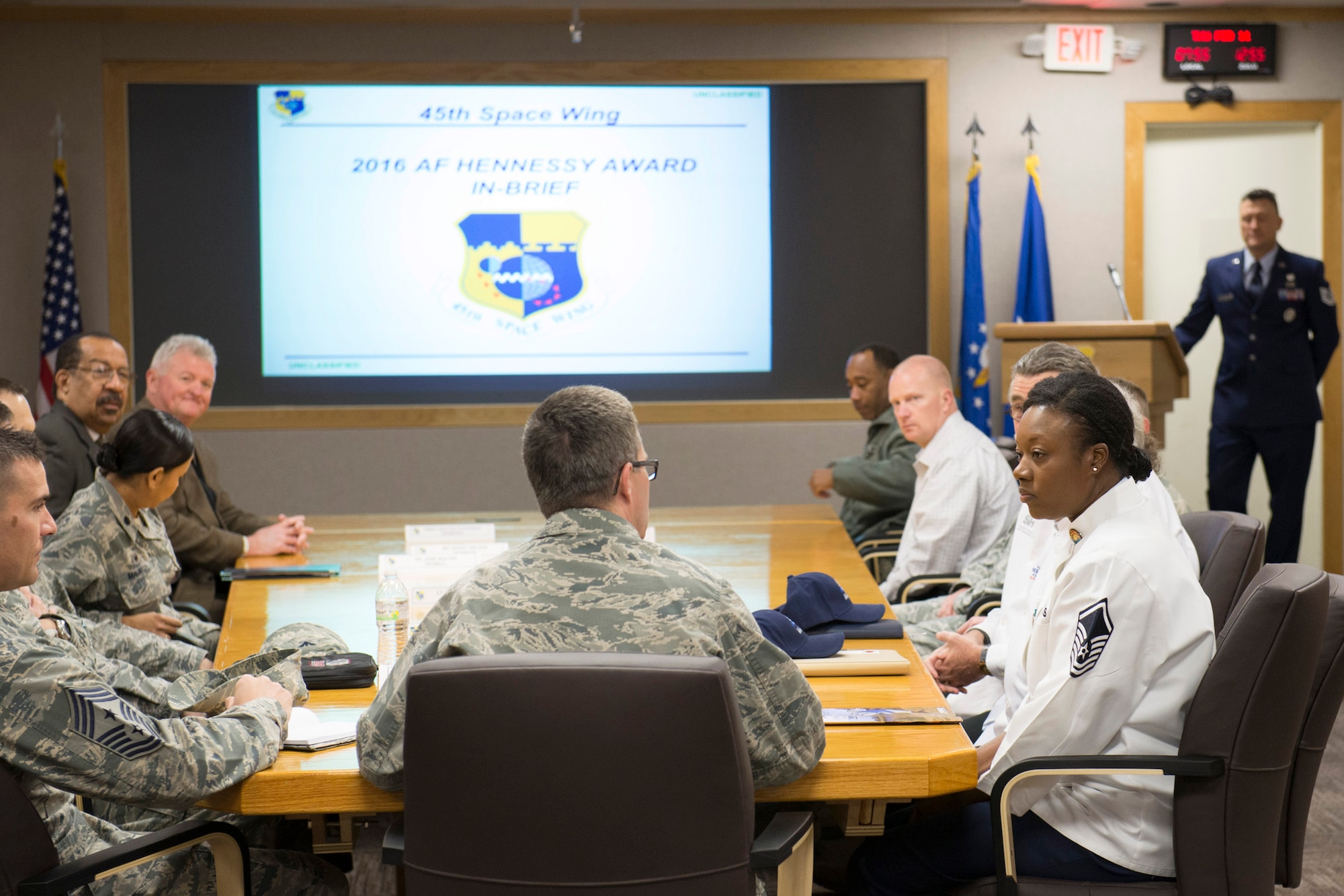 The 45th Space Wing welcomes the U.S. Air Force Hennessy Team Feb. 11, 2016, at Patrick Air Force Base, Fla., as part of an Air Force Hennessy evaluation. The team is evaluating the Riverside Dining Facility staff and facility's food operations, as the team competes for the Hennessy Award. (U.S. Air Force photo/Matthew Jurgens) (Released)