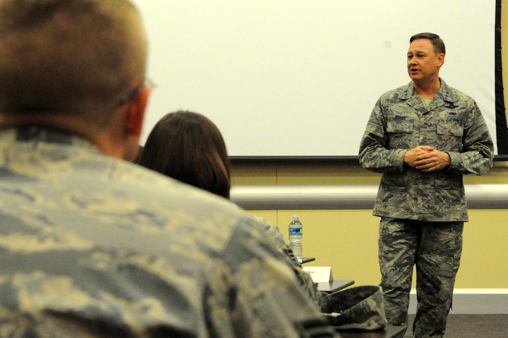 Air Force District of Washington Commander, Maj. Gen. Darryl Burke speaks to participants during the sixth annual Capital Airmen Development Seminar on Joint Base Andrews, Md., Feb. 12, 2015. The professional development opportunity, which included briefings by senior Air Force leaders, candid discussions, and a tour of the U.S. Capitol building, was designed to increase participants’ understanding of current Air Force issues and programs. (U.S. Air Force photo/Tech. Sgt. Matt Davis)