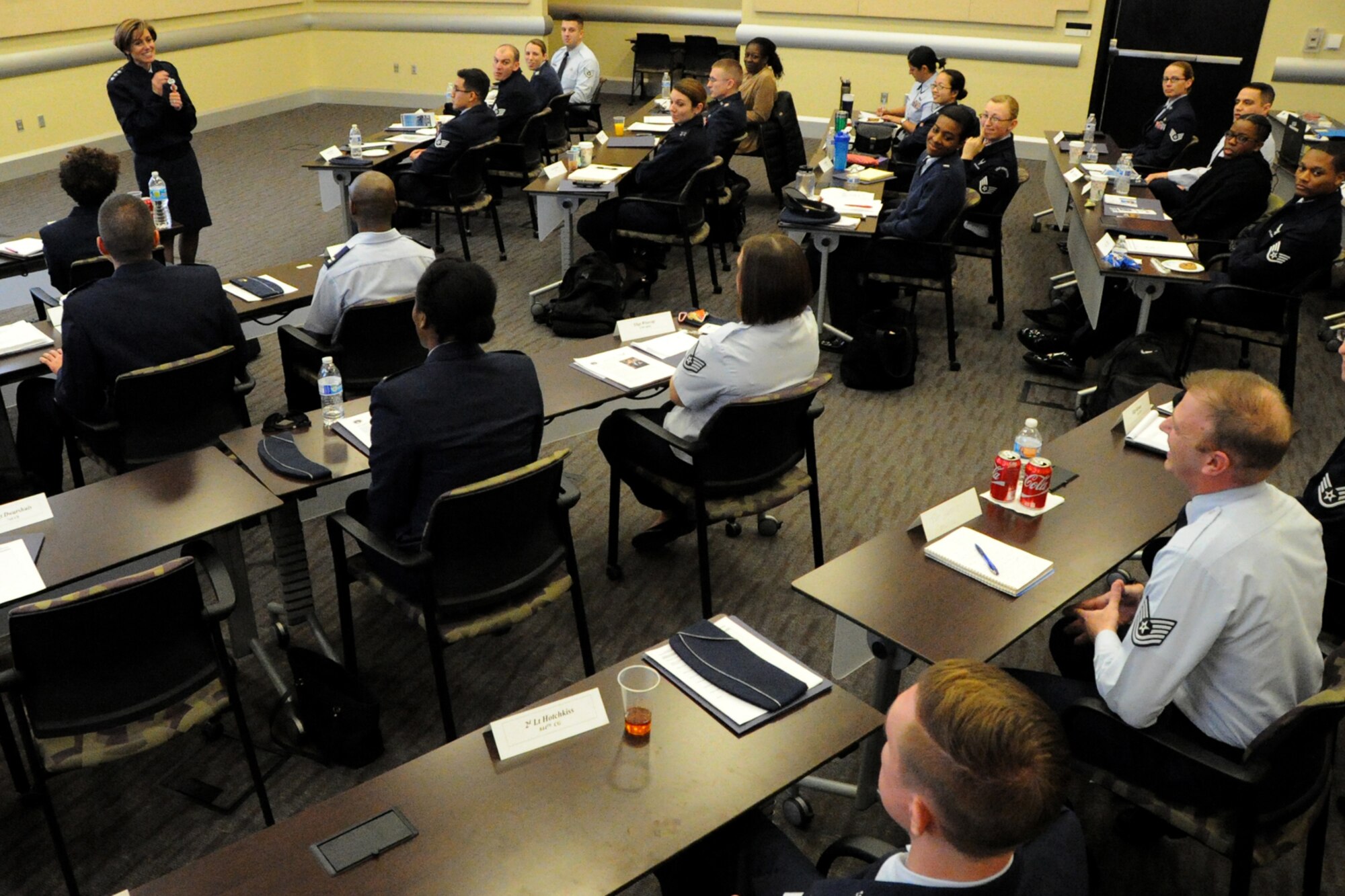 Air Force Deputy Chief of Staff for Manpower, Personnel and Services, Lt. Gen. Gina Grosso speaks to participants during Air Force District of Washington’s sixth annual Capital Airmen Development Seminar on Joint Base Andrews, Md., Feb. 10, 2015. The professional development opportunity, which included briefings by senior Air Force leaders, candid discussions, and a tour of the U.S. Capitol building, was designed to increase participants’ understanding of current Air Force issues and programs. (U.S. Air Force photo/Tech. Sgt. Matt Davis)