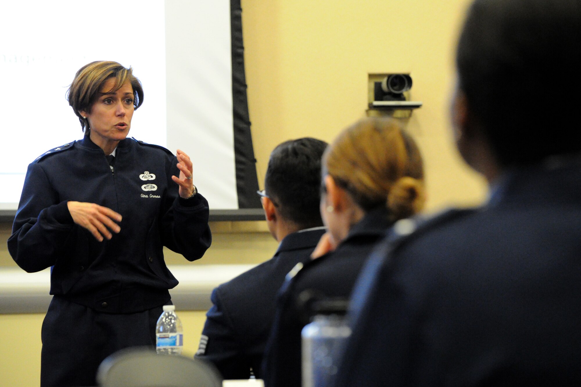 Air Force Deputy Chief of Staff for Manpower, Personnel and Services, Lt. Gen. Gina Grosso speaks to participants during Air Force District of Washington’s sixth annual Capital Airmen Development Seminar on Joint Base Andrews, Md., Feb. 10, 2015. The professional development opportunity, which included briefings by senior Air Force leaders, candid discussions, and a tour of the U.S. Capitol building, was designed to increase participants’ understanding of current Air Force issues and programs. (U.S. Air Force photo/Tech. Sgt. Matt Davis)