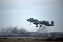 A 74th Expeditionary Fighter Squadron A-10C Thunderbolt II aircraft takes off during a training exercise at Plovdiv, Bulgaria, Feb. 10, 2016. The aircraft deployed to Bulgaria in support of Operation Atlantic Resolve to bolster air power capabilities while assuring the U.S. commitment to European security and stability. (U.S. Air Force photo by Airman 1st Class Luke Kitterman/Released)