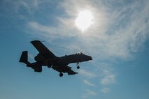 A 74th Expeditionary Fighter Squadron A-10C Thunderbolt II aircraft flies overhead during an austere landing training exercise at Plovdiv, Bulgaria, Feb. 9, 2016. The aircraft deployed to Bulgaria in support of Operation Atlantic Resolve to bolster air power capabilities while assuring the U.S. commitment to European security and stability. (U.S. Air Force photo by Airman 1st Class Luke Kitterman/Released)