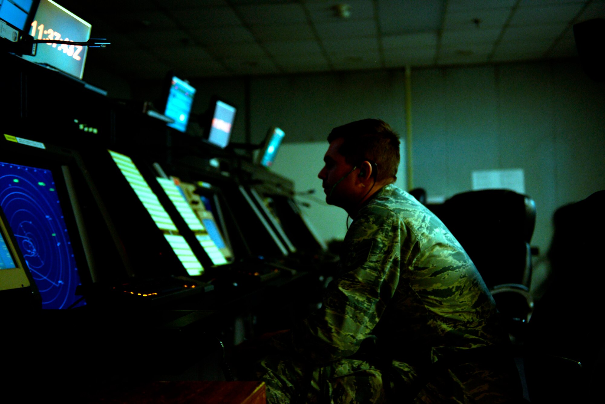 Staff Sgt. Brandon Bantau, 65th Operations Support Squadron air traffic control watch supervisor, monitors a radar approach control screen for incoming aircraft at Lajes Field, Azores, Feb. 7, 2016. Lajes Field, operated by the 65th Air Base Group, became a geographically separated unit of the 86th Airlift Wing in August, 2015. (U.S. Air Force photo/Tech. Sgt. Kristopher Levasseur)Levasseur)