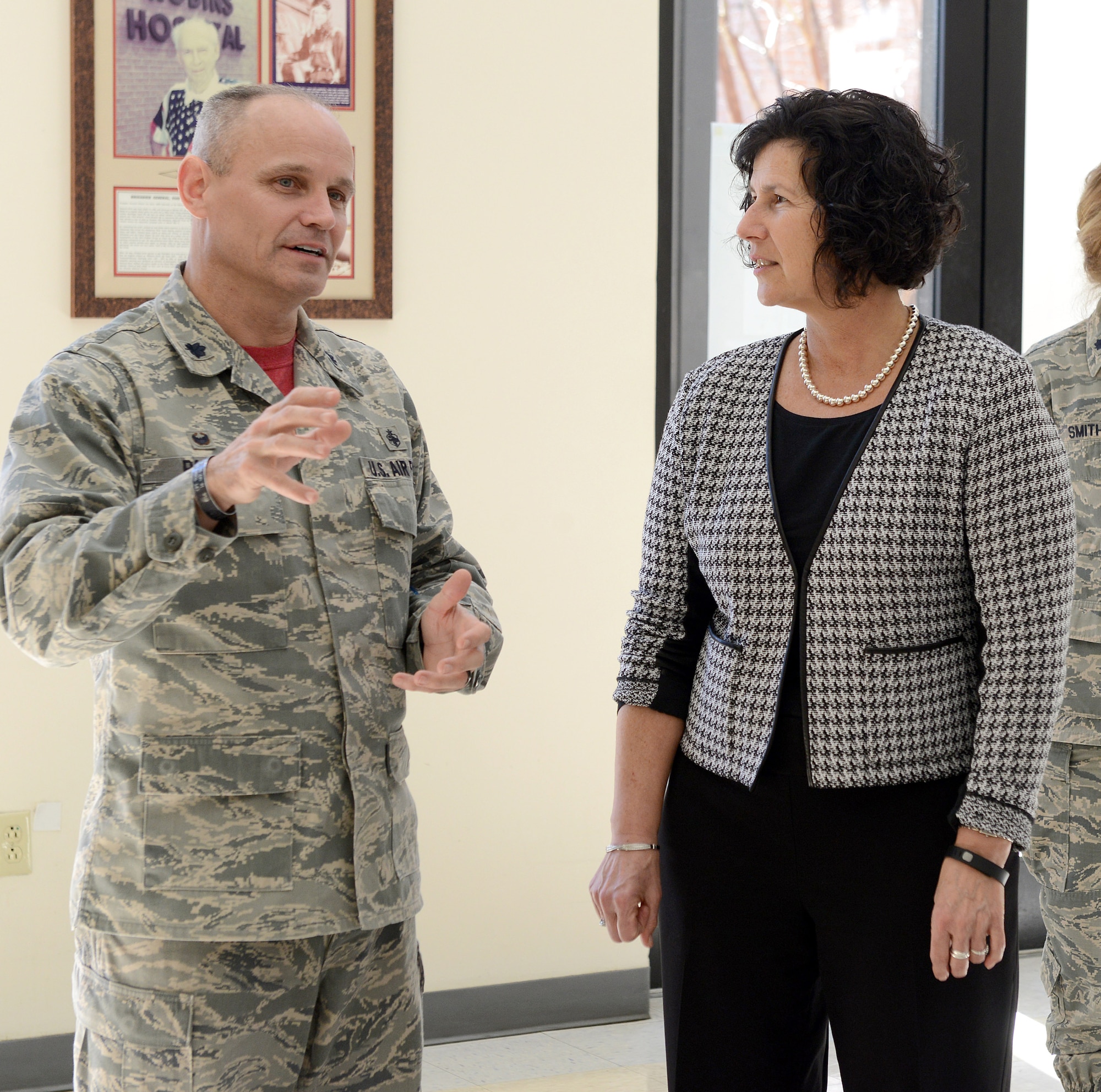 Lt. Col. Richard Palmer, 78th Medical Support Squadron commander, provides Maryalice Morro, Carl Vinson VA Medical Center director, with a tour of the 78th Medical Group’s facility Feb. 5. The 78th MDG is using its ties with community health care partners to come up with ways to share training opportunities. (U.S. Air Force photo by Tommie Horton)
