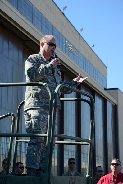 Maj. Gen. Eugene Haase, AFSOC vice commander, addresses the Robins workforce after landing. The crew talked to Robins employees, sharing stories and talking about their responsibilities flying the aircraft. (U.S. Air Force photo by Ed Aspera)