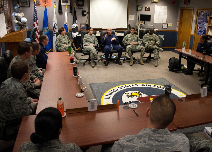 Senior NCOs from Hanscom Air Force Base, Mass., and Coast Guard Sector Boston speak to Airman Leadership School students during a Senior NCO panel discussion at the school Jan. 26. ALS will graduate the latest class of soon-to-be NCOs Feb. 12 during a ceremony at the Minuteman Commons. The PME class is a five-week course designed to develop junior enlisted members into effective front-line supervisors. The curriculum focuses on leadership abilities and effective communication. (U.S. Air Force photo by Mark Herlihy)