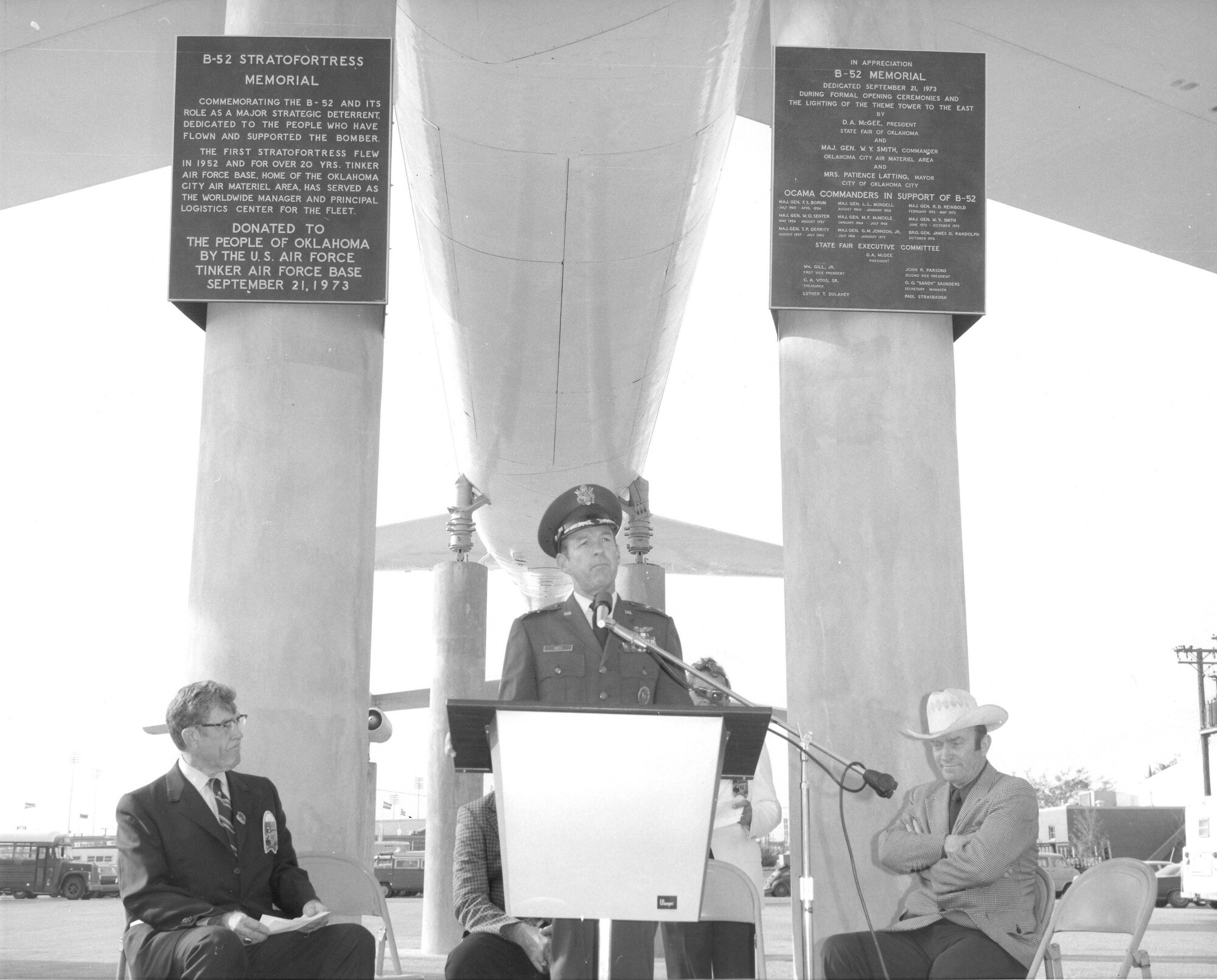 Then-Maj. Gen. William Y. Smith speaks at the dedication of a B-52 Stratofortress at the Oklahoma State Fairgrounds on Sept 21, 1973. The former Oklahoma City Materiel Area commander and aviation legend passed away in January. (Air Force historical photo/Released)