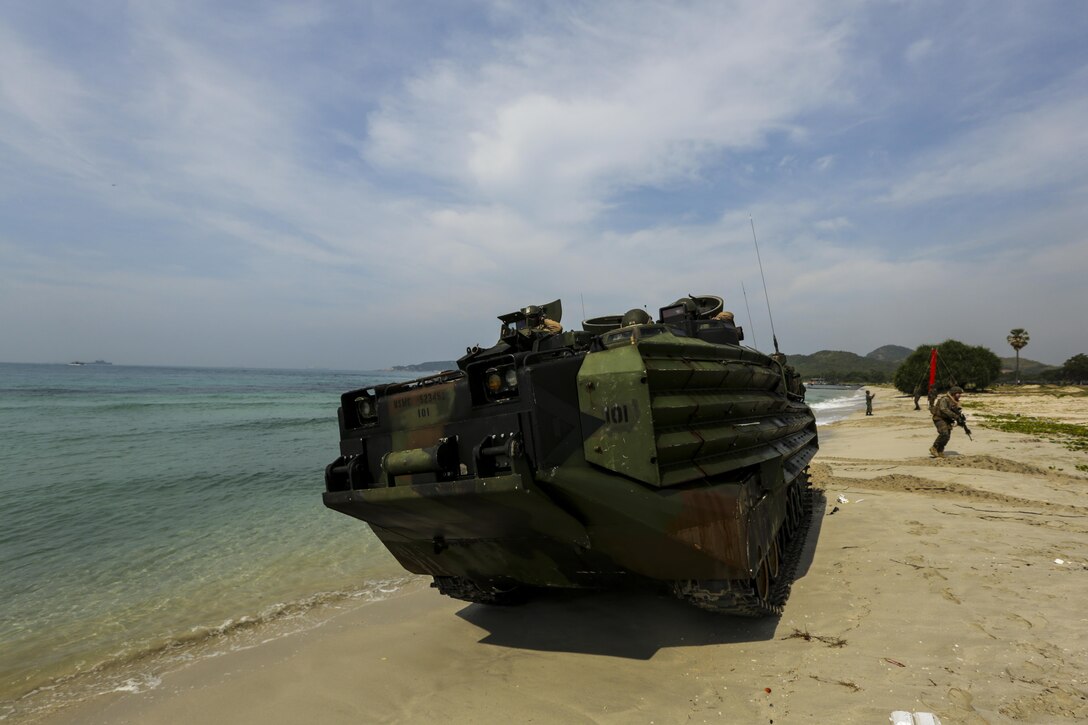 A U.S. Marine Corps amphibious combat vehicle comes ashore in an amphibious capabilities demonstration at Hat Yao, Rayong, Thailand, during exercise Cobra Gold, Feb. 11, 2016. Cobra Gold is a multinational training exercise developed to strengthen security and interoperability between the Kingdom of Thailand, the U.S. and other participating nations. 