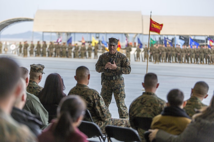 Sgt. Maj. Miguel A. Ortega, newly appointed Marine Aircraft Group 12 sergeant major, speaks to the audience during his relief and appointment ceremony at the Marine Corps Air Station Iwakuni, Japan, Feb. 5, 2016. This ceremony symbolizes the end of Sgt. Maj. Sergio MartinezRuiz’s tour after assuming the role of MAG-12’s sergeant major in May of 2014.