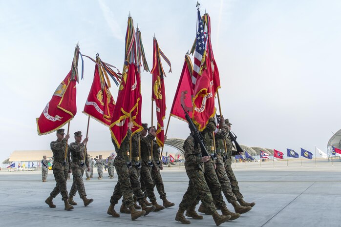The Marine Aircraft Group 12 color guard marches in formation during a Sgt. Maj. Sergio MartinezRuiz’s relief and appointment ceremony at the Marine Corps Air Station Iwakuni, Japan, Feb. 5, 2016. This ceremony symbolizes the end of MartinezRuiz’s tour after assuming the role of MAG-12’s sergeant major in May of 2014.